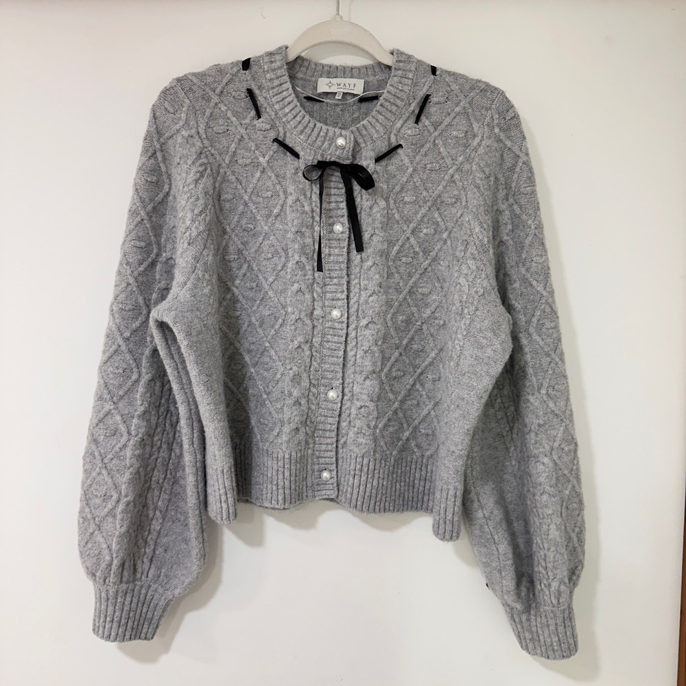 WAYF Cable Knit Cardigan Women XL Grey Pearl Button Bow Accent | Coquette